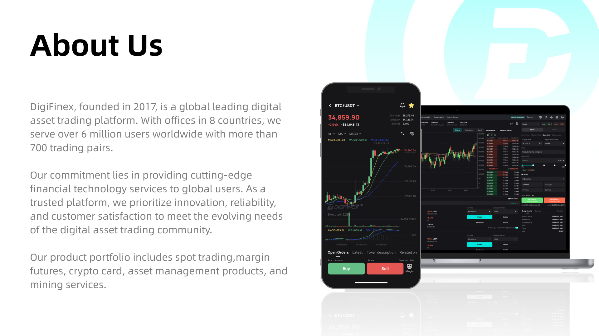 私たちに関しては - DigiFinex Digital Assets Exchange - Bitcoin、Ethereum、Litecoin などのブロックチェーン資産の取引プラットフォーム。